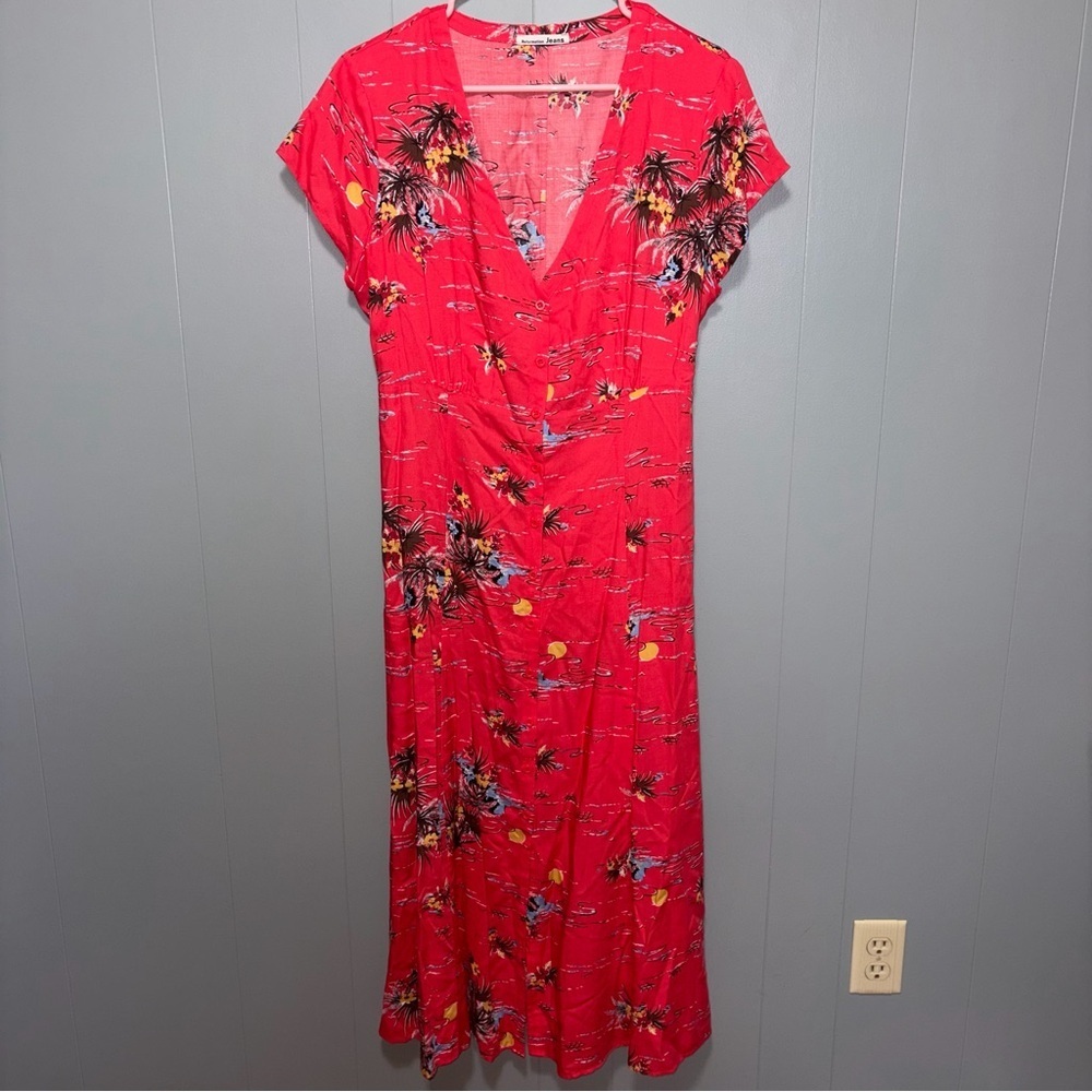 Reformation Denise Button Down Coral Red Fiji Tropical Midi Dress XL